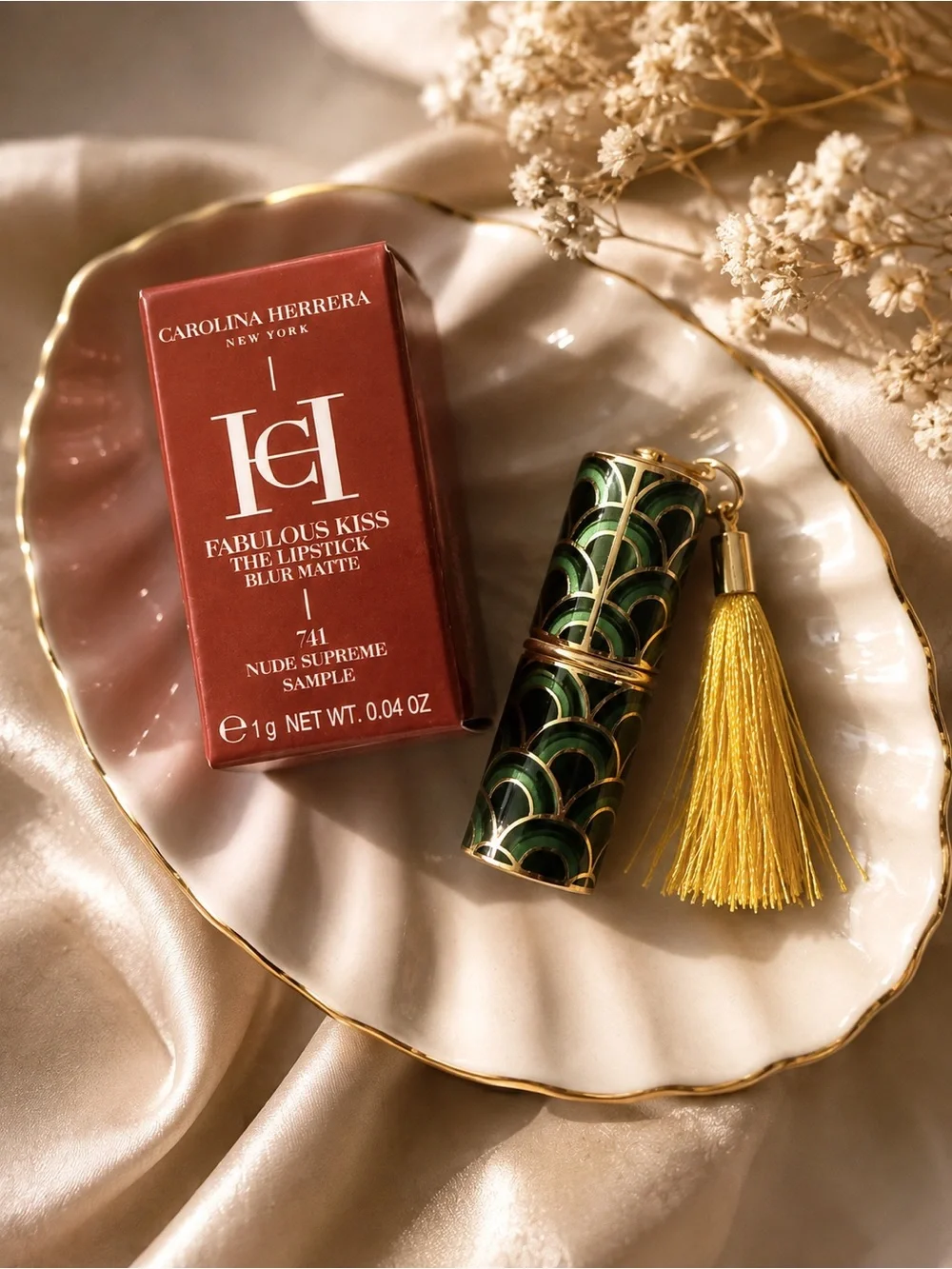 Carolina Herrera Green & Gold Lipstick Case with Yellow Tassel